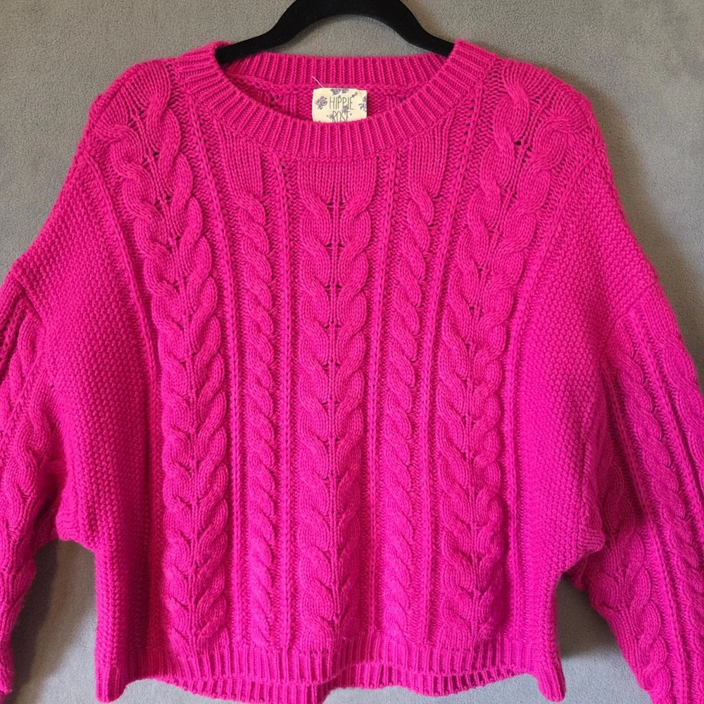Hippie Rose Cable Knit Sweater Women Medium Pink Cropped Chunky Barbiecore Boho